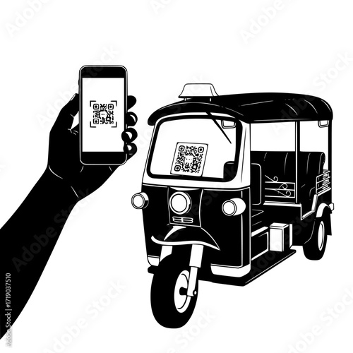 Silhouette of a hand holding a smartphone displaying a ride hailing app next to a three wheeled auto rickshaw isolated on transparent background