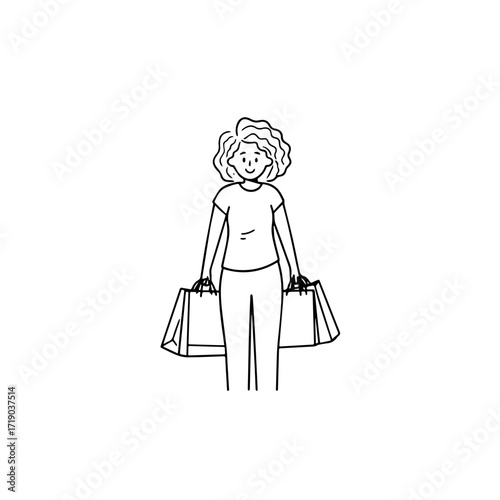 Black and white line art of a beautiful happy woman carrying shopping bags minimalist cheerful illustration