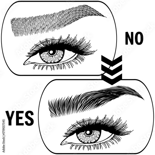 Illustration with woman's eyes, eyelashes and eyebrows. Makeup Look. Tattoo design. Logo for brow bar or lash salon. Wrong and right coloring care. Set of well-groomed and shaggy eyebrows.