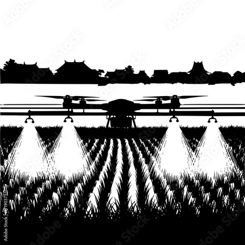 Agricultural drone spraying crops in a field at dawn silhouette isolated on transparent background