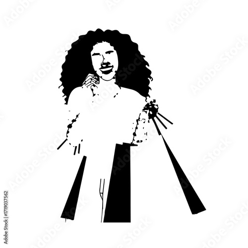 Black and white line art of a beautiful happy woman carrying shopping bags minimalist cheerful illustration