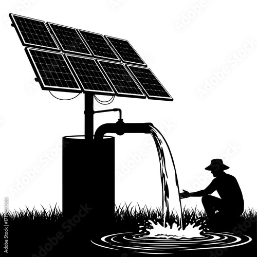 Silhouette of a farmer tending to a solar powered water pump system in a field isolated on transparent background