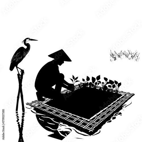 Silhouette of a farmer tending to crops in a boat with a heron perched nearby isolated on transparent background