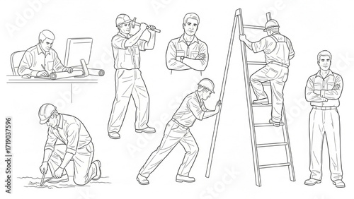 Line Art of Men in Action – Minimalist Vector Illustration of Work and Daily Tasks