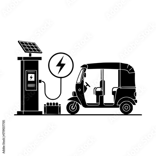 Black silhouette of an electric auto rickshaw charging at a solar powered station isolated on transparent background