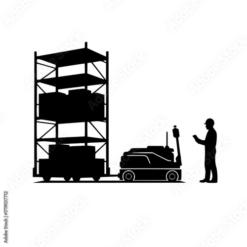 Silhouette of a warehouse worker operating a pallet jack to move a cart of boxes isolated on transparent background