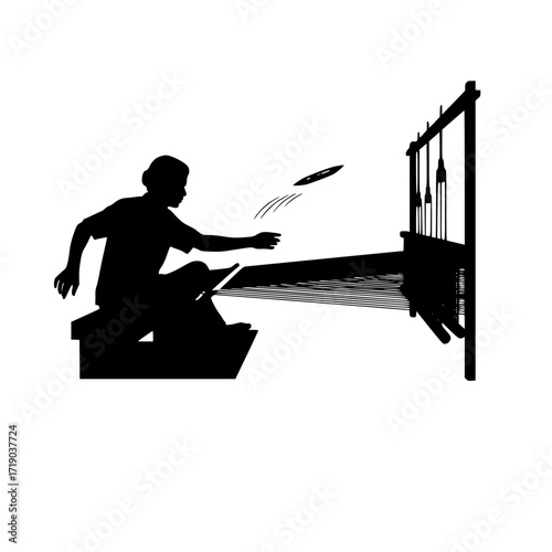 Silhouette of a person operating a traditional wooden loom creating fabric isolated on transparent background
