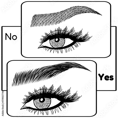 Illustration with woman's eyes, eyelashes and eyebrows. Makeup Look. Tattoo design. Logo for brow bar or lash salon. Wrong and right coloring care. Set of well-groomed and shaggy eyebrows.