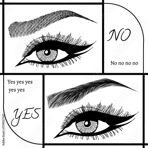 Illustration with woman's eyes, eyelashes and eyebrows. Makeup Look. Tattoo design. Logo for brow bar or lash salon. Wrong and right coloring care. Set of well-groomed and shaggy eyebrows.