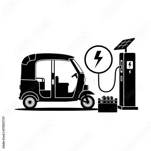 Black silhouette of an electric auto rickshaw charging at a solar powered station isolated on transparent background