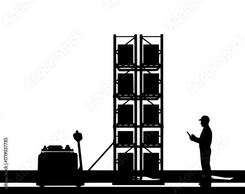 Silhouette of a person operating a forklift near a tall industrial storage rack with stacked containers isolated on transparent background