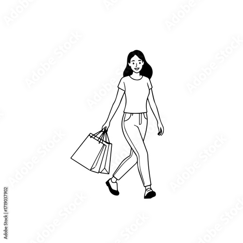 Black and white line art of a beautiful happy woman carrying shopping bags minimalist cheerful illustration
