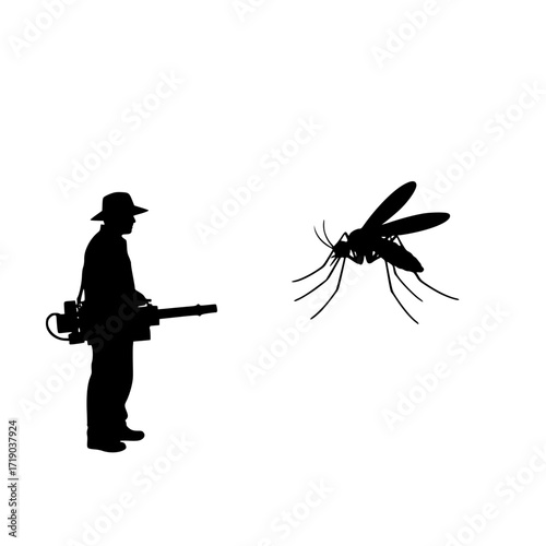 Silhouette of a person spraying insecticide to combat a mosquito silhouette isolated on transparent background