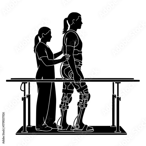 Silhouette of a person walking with physical therapy assistance on parallel bars isolated on transparent background