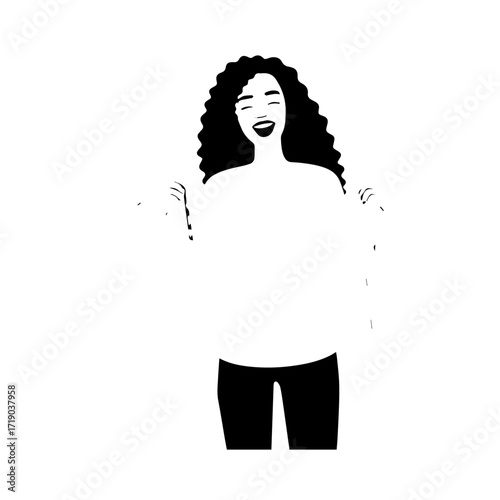 Black and white line art of a beautiful happy woman carrying shopping bags minimalist cheerful illustration