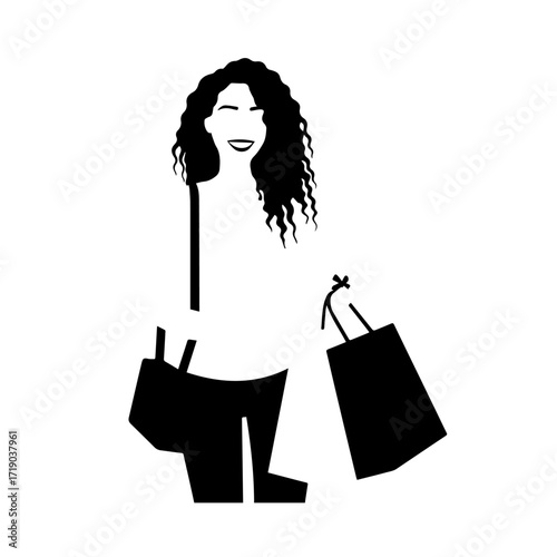 Black and white line art of a beautiful happy woman carrying shopping bags minimalist cheerful illustration