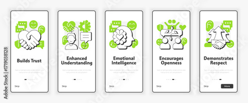 Active listening benefits mobile onboarding screen. Mental wellness, communication skills. UX UI illustration. Flat outline style icons with green accent. Informa Pro Bold, Montserrat Light fonts used