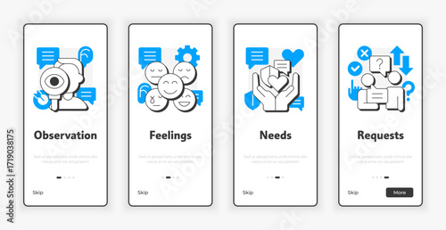 Nonviolent communication mobile onboarding screen. Social networking. Critical thinking. UX UI illustration. Flat outline style icons with blue accent. Informa Pro Bold, Montserrat Light fonts used