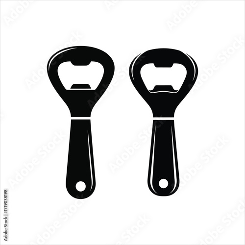 Two black bottle openers with curved handles and notched heads can opener tool