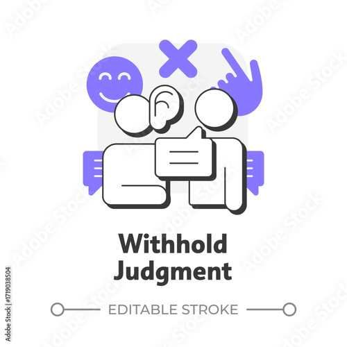 Withhold judgment flat outline concept icon. Partnership trust, friendship. Active listening, communication. Modern line illustration with purple glyphs. Conceptual visual. Easy to edit