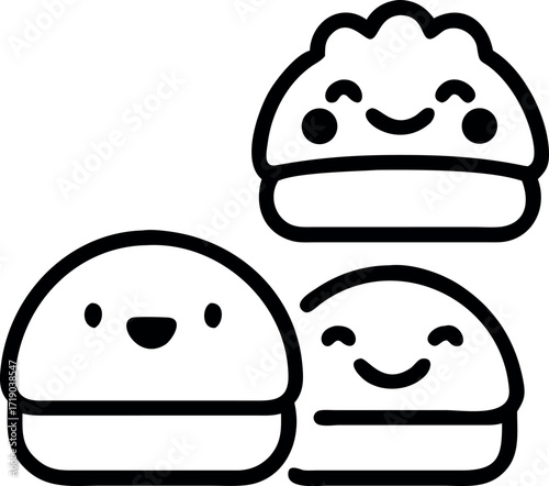 Cute kawaii smiling dumplings and happy burger illustration
