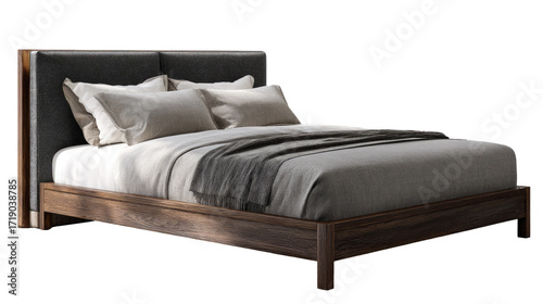 Dark wood bed with gray upholstered headboard