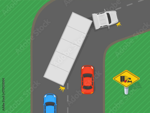 Traffic regulation rules and tips. Canadian "do not drive beside trucks" sign area. Top view of a semi trailer making a wide right turn. Flat vector illustration template.