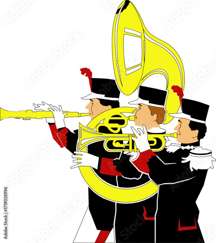 Marching Band Musicians Playing Brass and Woodwind Instruments
