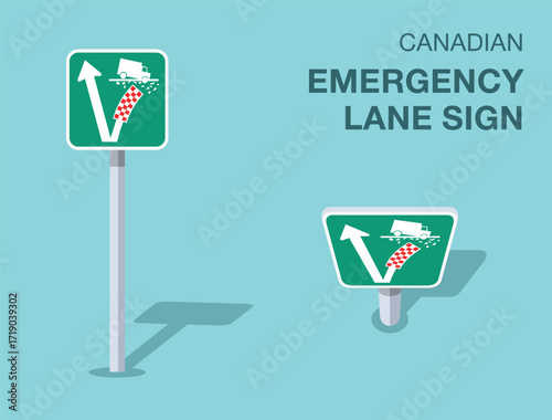 Traffic regulation rules. Isolated canadian "emergency lane" road sign. Front and top view. Flat vector illustration template.