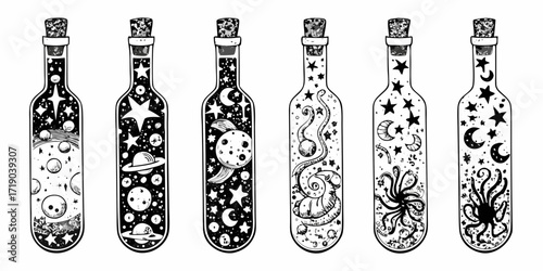 Collection of six whimsical black and white bottles filled with cosmic celestial elements and fantastical creatures