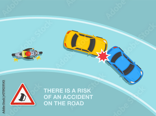 Safe car driving rules and tips. European "danger of accident" sign area. Top view of a car collision on a curvy road. Motorcycle approaching the accident zone. Flat vector illustration template.