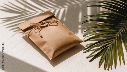 Wallpaper Mural Kraft paper gift bag, sunlit, with palm leaf shadow Torontodigital.ca