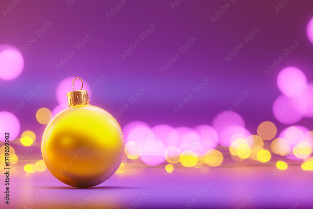 Fototapeta premium A golden Christmas ornament sits on a reflective surface, surrounded by purple and yellow bokeh lights for a magical festive mood.