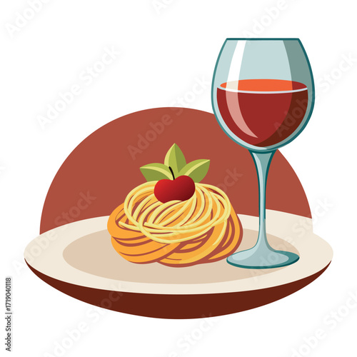 Elegant spaghetti dish with wine glass illustration