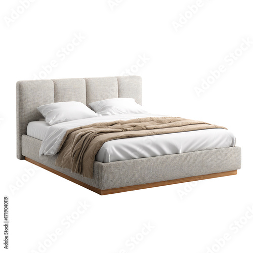 Light gray upholstered bed with tan bedding