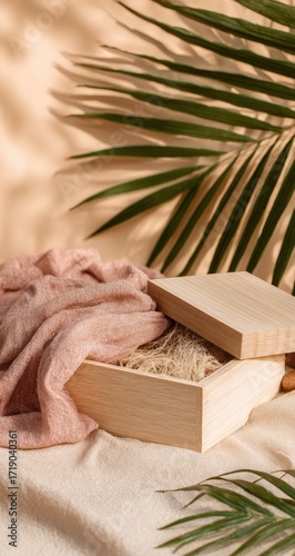 Wallpaper Mural Light-wood box with soft pink fabric draped over it, beside palm fronds Torontodigital.ca