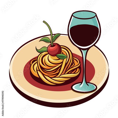 Elegant spaghetti dish with wine glass illustration