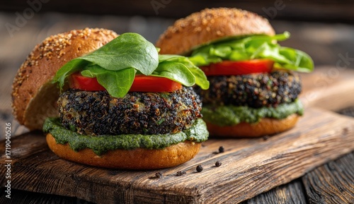 Wallpaper Mural Two quinoa burgers on wooden board.  Fresh, healthy veggie burgers topped with spinach, tomato, and pesto Torontodigital.ca