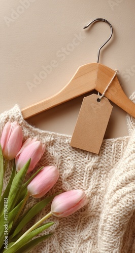 Wallpaper Mural Cream knit sweater, pink tulips, wooden hanger, blank tag Torontodigital.ca