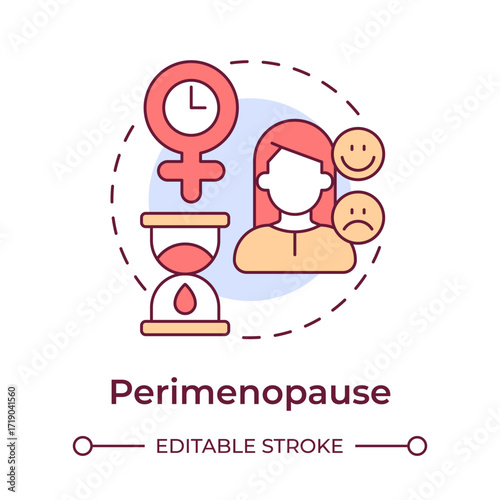 Perimenopause multi color concept icon. Fluctuate estrogen levels, irregular menstrual cycles. Menopause stage. Round shape line illustration. Abstract idea. Graphic design. Easy to use in blog post
