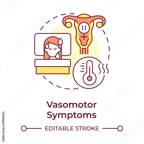 Vasomotor symptoms multi color concept icon. Body response to decreasing estrogen levels. Menopause signs. Round shape line illustration. Abstract idea. Graphic design. Easy to use in blog post