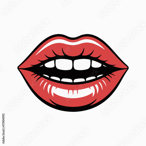 Striking pop art style illustration featuring bright red lips with a glossy finish, an open mouth revealing teeth, embodying bold expression and vintage glamour