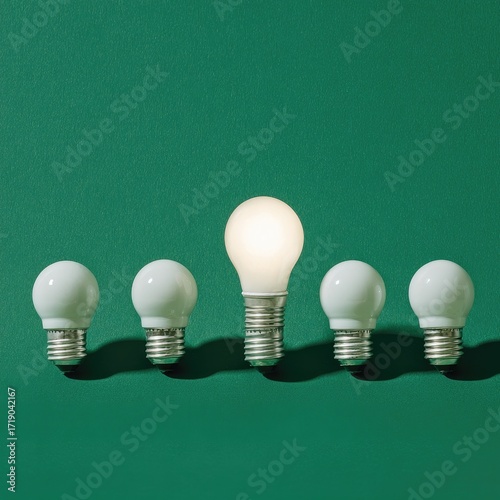 Wallpaper Mural Five light bulbs, one brighter, on a deep green background Torontodigital.ca