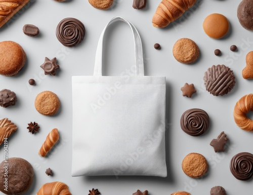 Wallpaper Mural White tote bag surrounded by assorted pastries and cookies on a light gray surface Torontodigital.ca