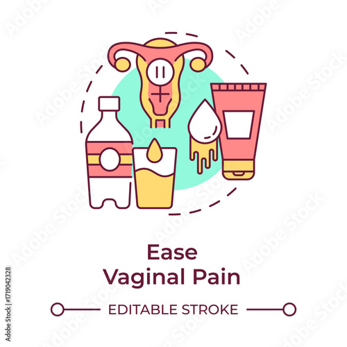 Ease vaginal pain multi color concept icon. Decreasing estrogen levels. Menopause prevention. Women health. Round shape line illustration. Abstract idea. Graphic design. Easy to use in blog post