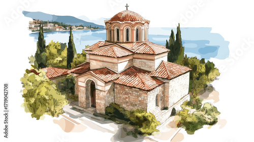 Saint John at Kaneo. Saint John at Kaneo watercolor vector illustration