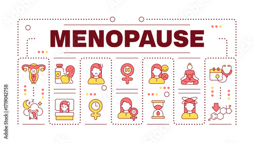 Menopause word concept isolated on white. Finishing reproductive stage. mature women health. Gynecology. Creative illustration banner surrounded by editable line colorful icons. Hubot Sans font used