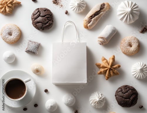 White paper bag amidst assorted cookies, meringue, and coffee