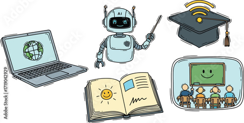 Illustration showing ai robot teaching with laptop book graduation cap and classroom scene depicted