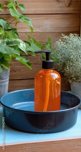 Orange pump bottle on teal tray, plants, wooden background